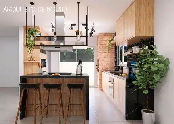 Cozinha com detalhes em madeira para casa pequena Cozinha com detalhes em madeira para casa pequena