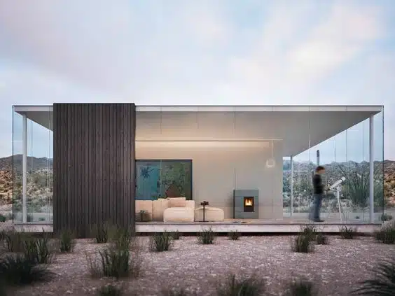 Inspiração total com a casa de vidro, pedra e metal