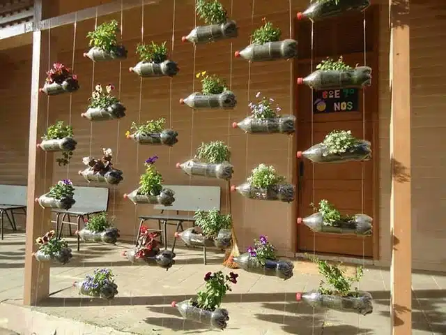 Jardim vertical de apartamento, garrafa PET suspensa