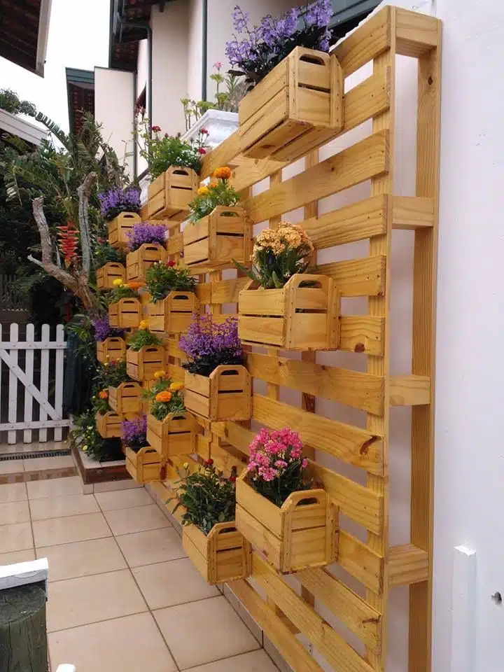 Parede verde de pallet e caixas de madeira