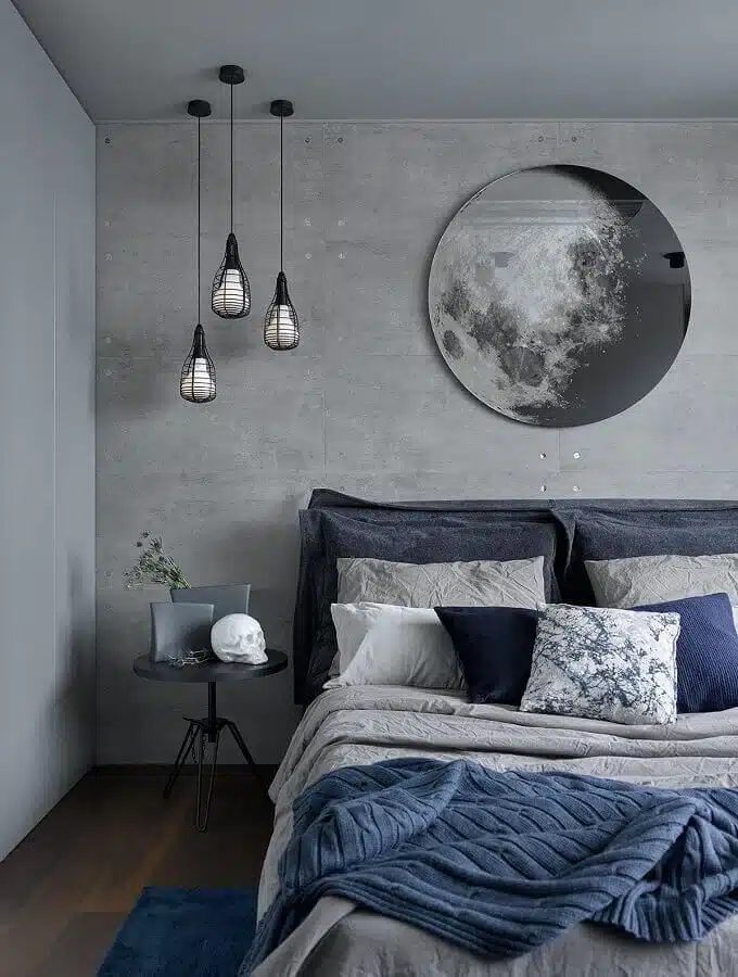 Quarto cinza e azul escuro
