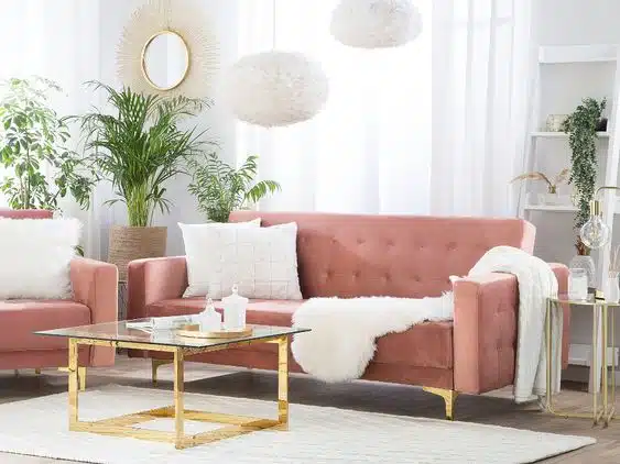 Sofá cama 3 lugares em veludo rosa