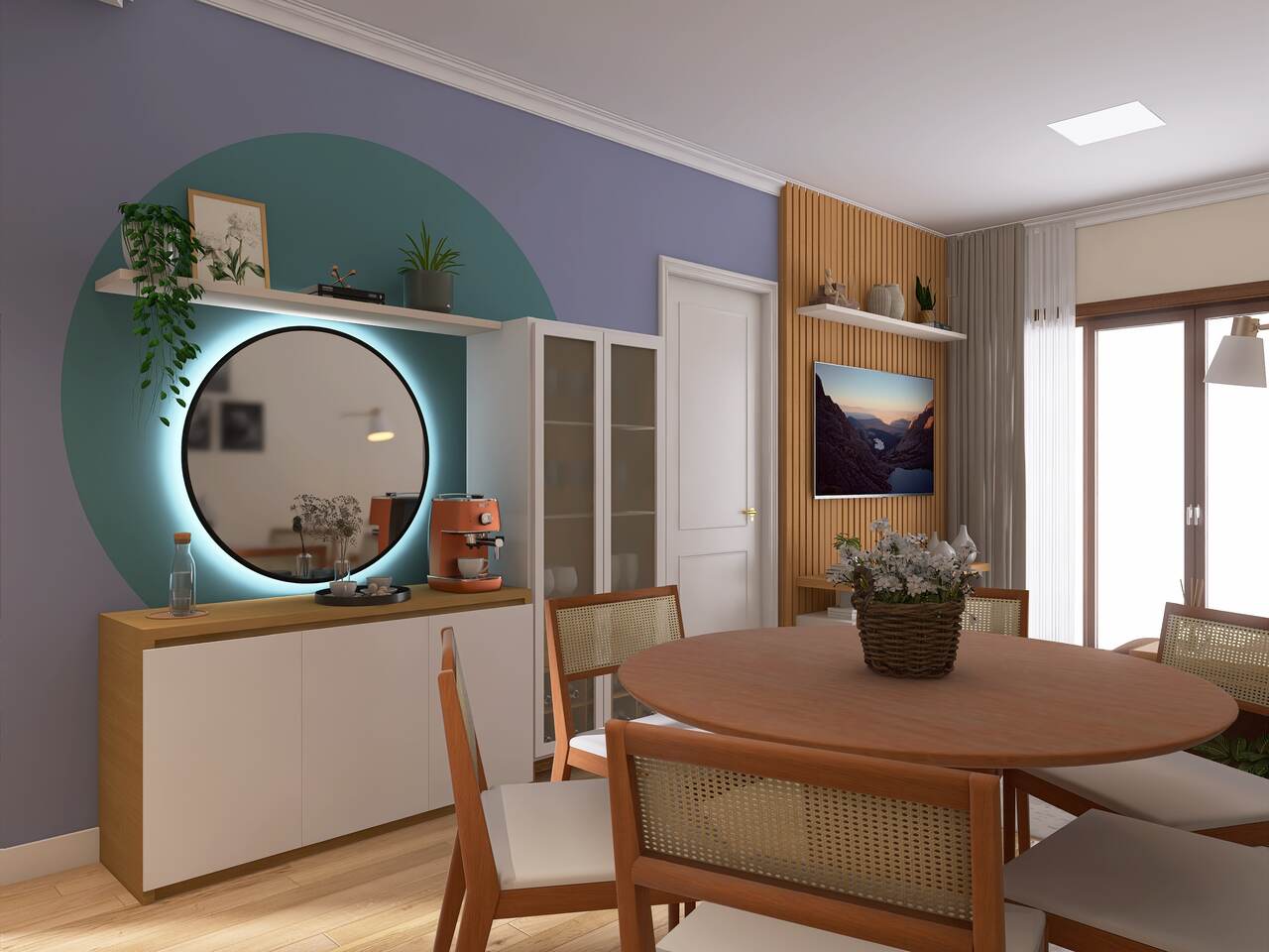 Mesa com uma planta ao meio em um ambiente com armário de madeira e televisão