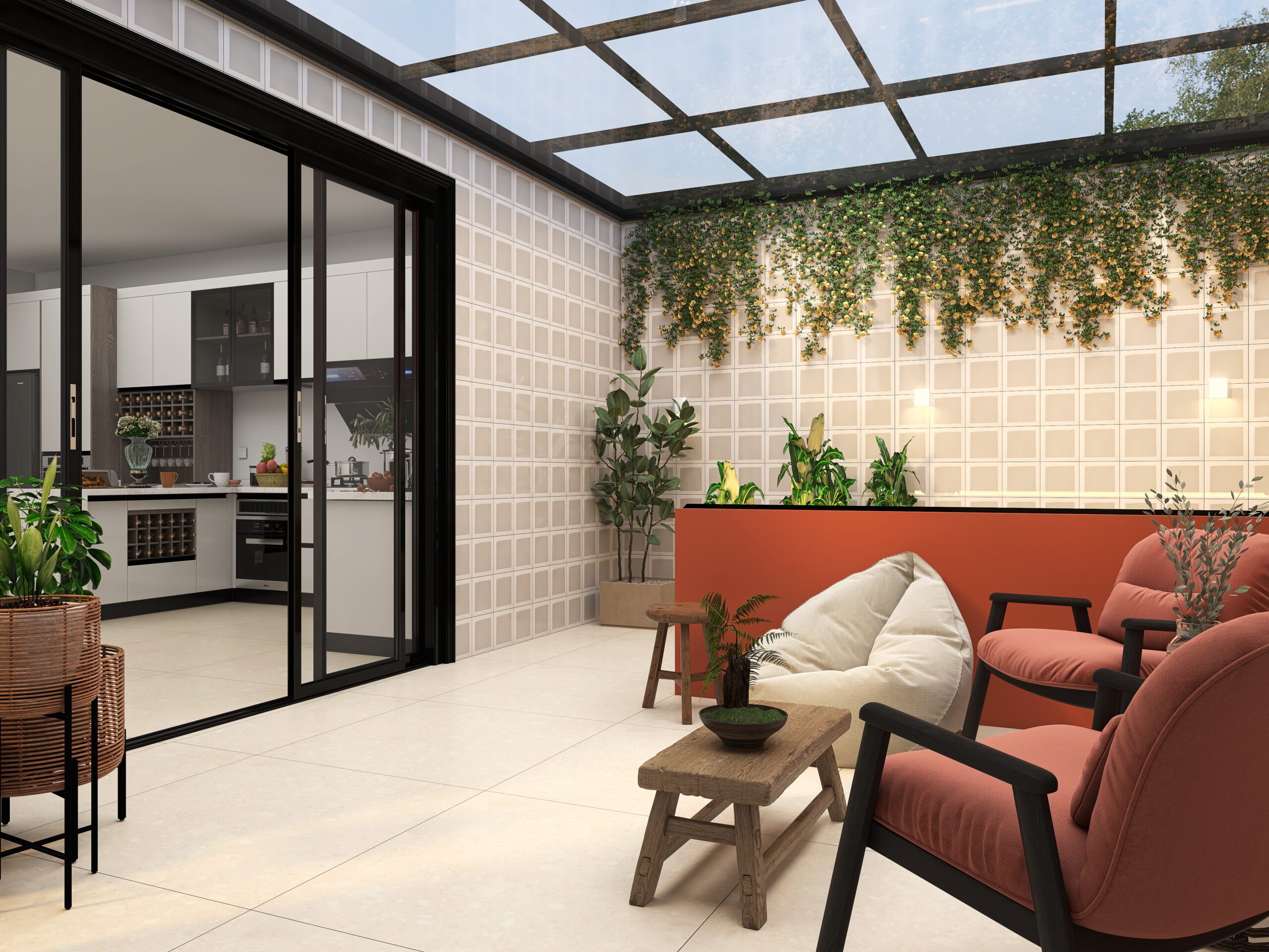 Decoração para área externa com sofas e locais para sentar