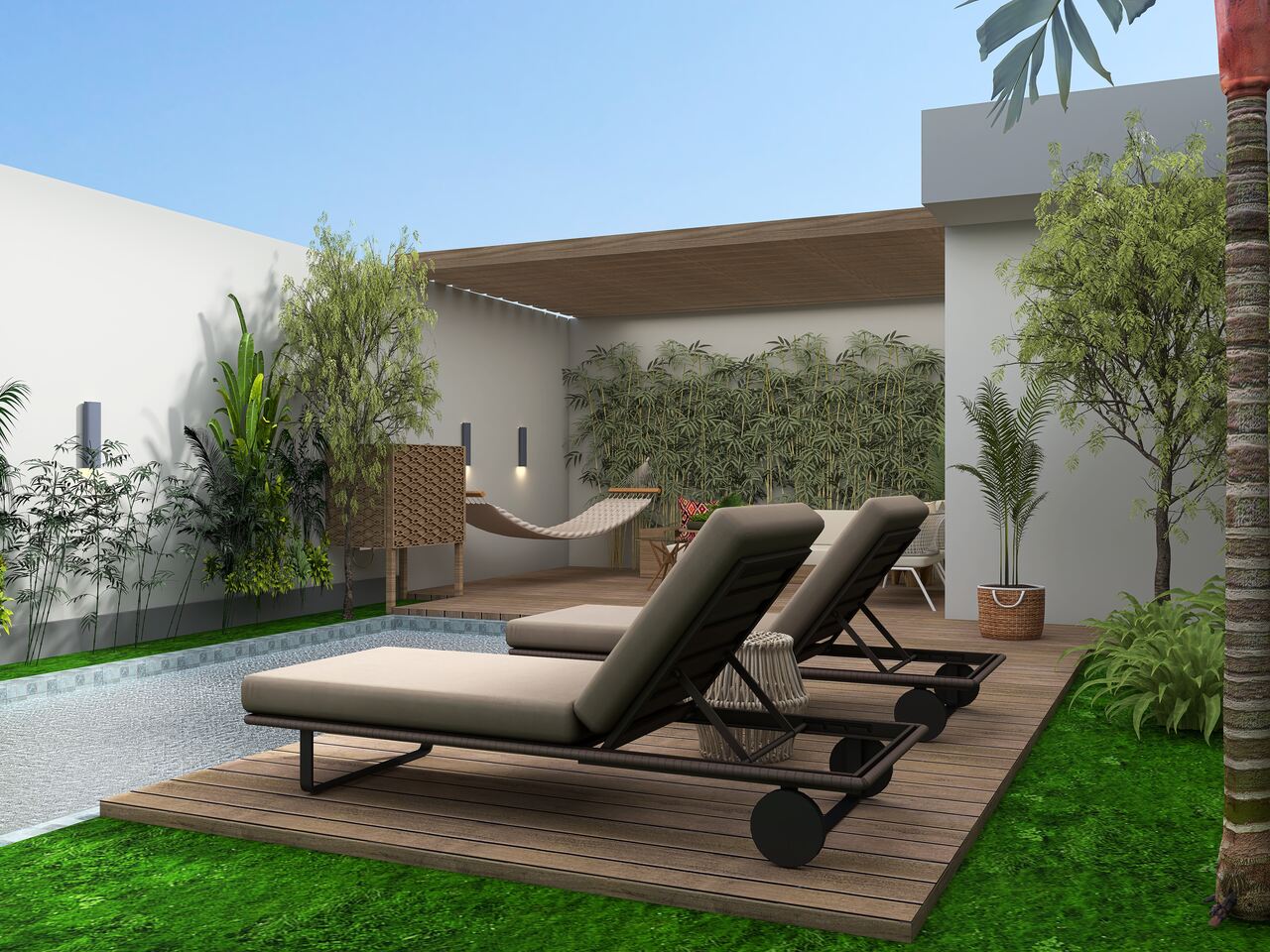 Espreguiçadeiras com piscina na frente e rede para decoração de área externa