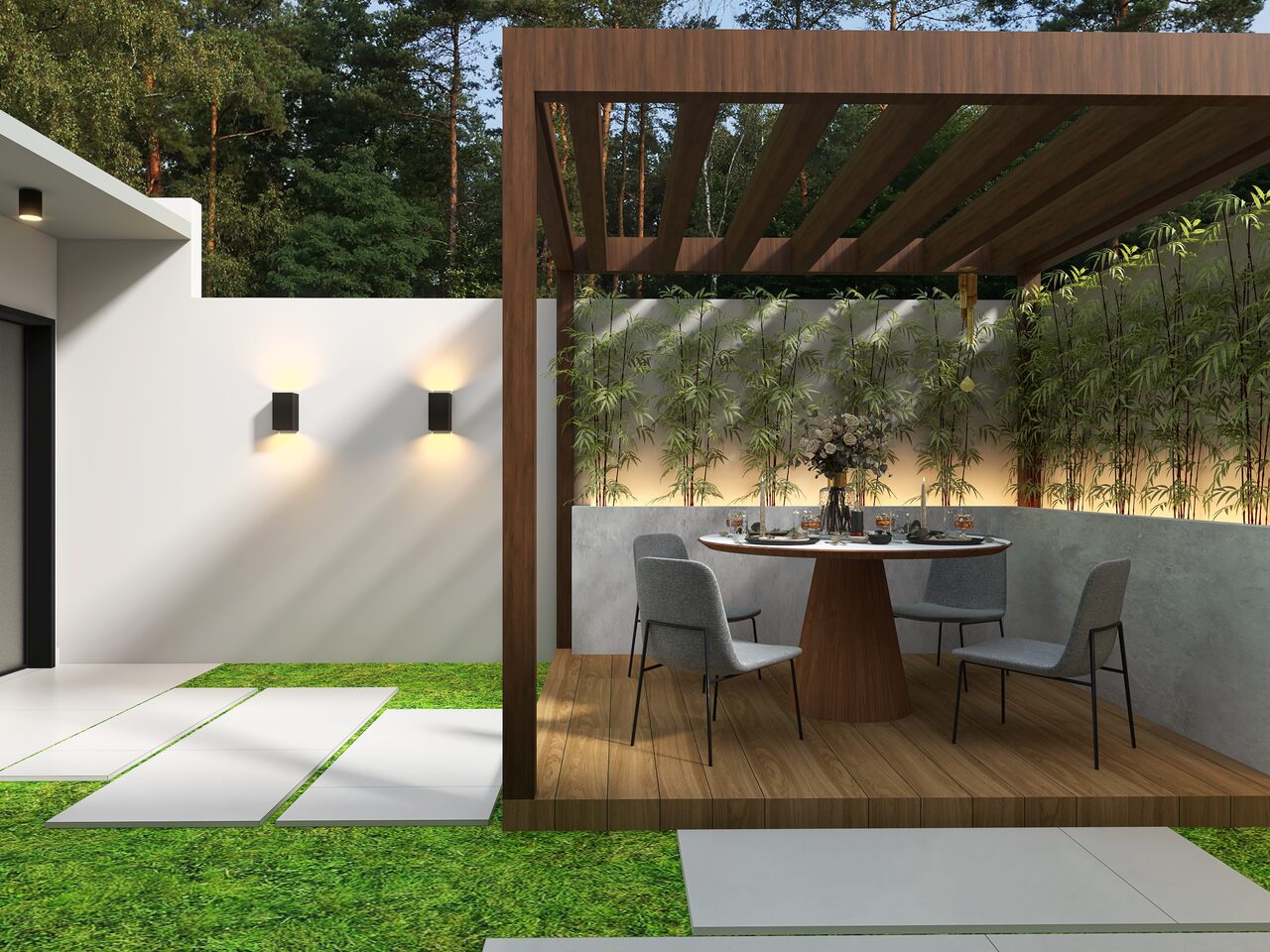 Decoração para área externa com mesas e cadeiras ao redor