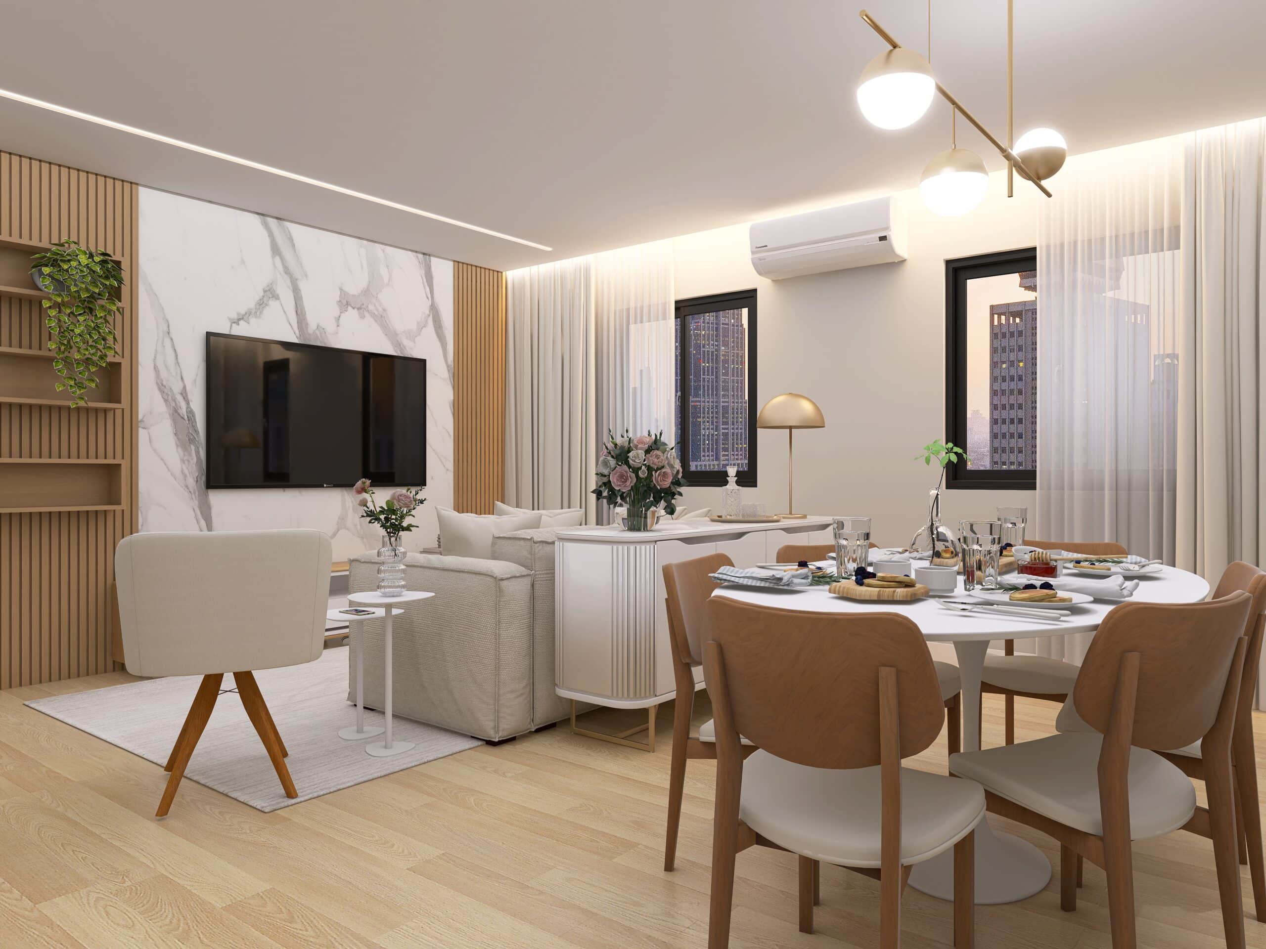 Sala de estar com mesas, cadeiras, sofá, ar-condicionado e televisão