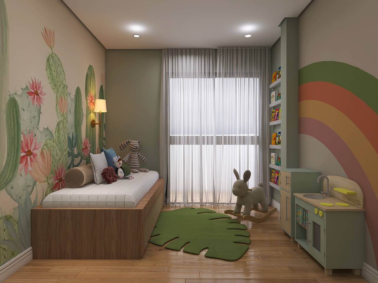 Quarto infantil decorado com parede verde no centro, papéis de parede nas verticais e móveis