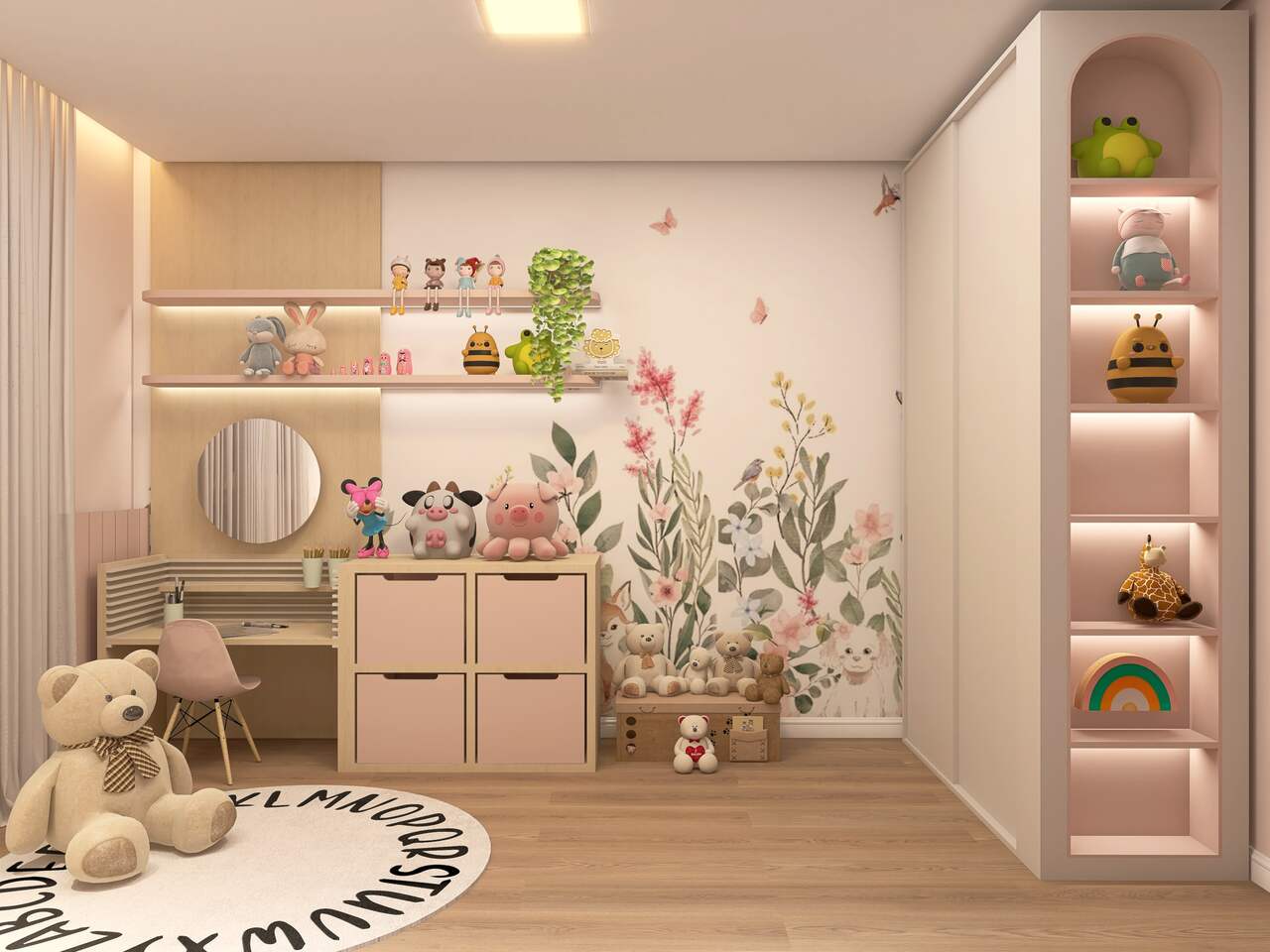 Quarto infantil decorado com papel de parede floral, bonequinhos, luzes e decorações rosa