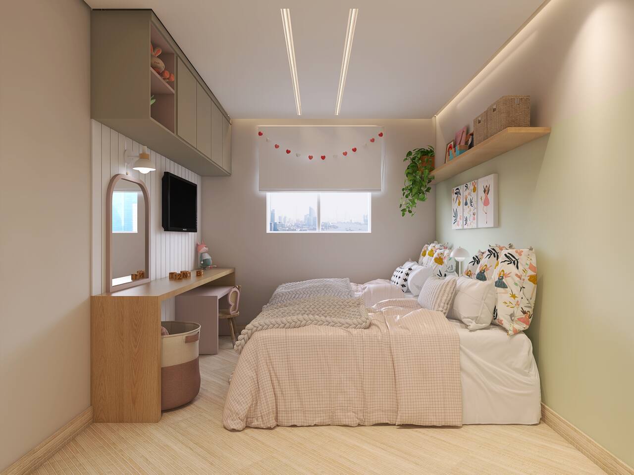Quarto de decoração infantil com paredes de cor neve, móveis de madeira com decorações rosa