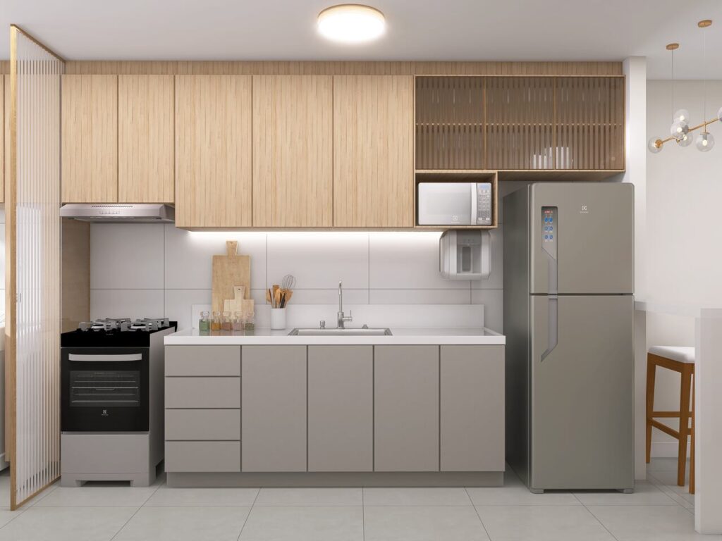 inspiração de cores para cozinha em cinza e madeira
