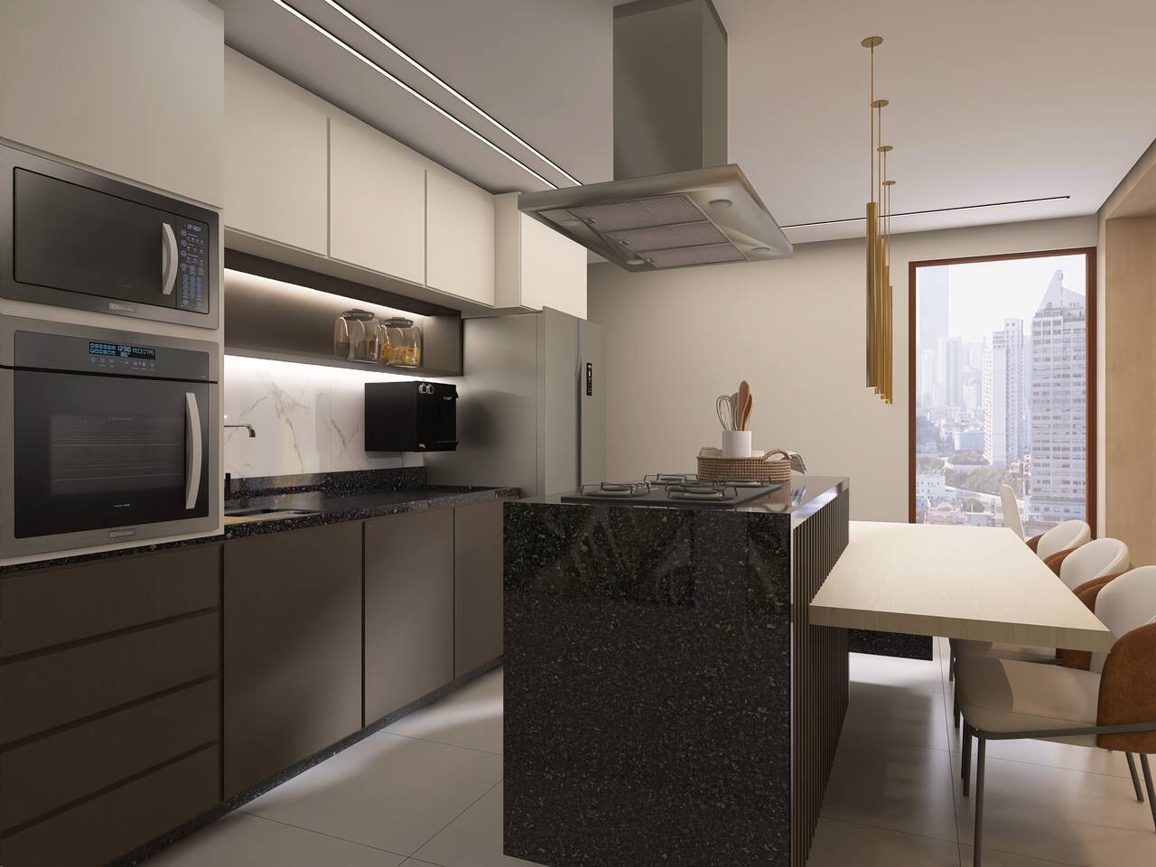 Cozinha com bancadas marrons e detalhes pretos e cinza-claro
