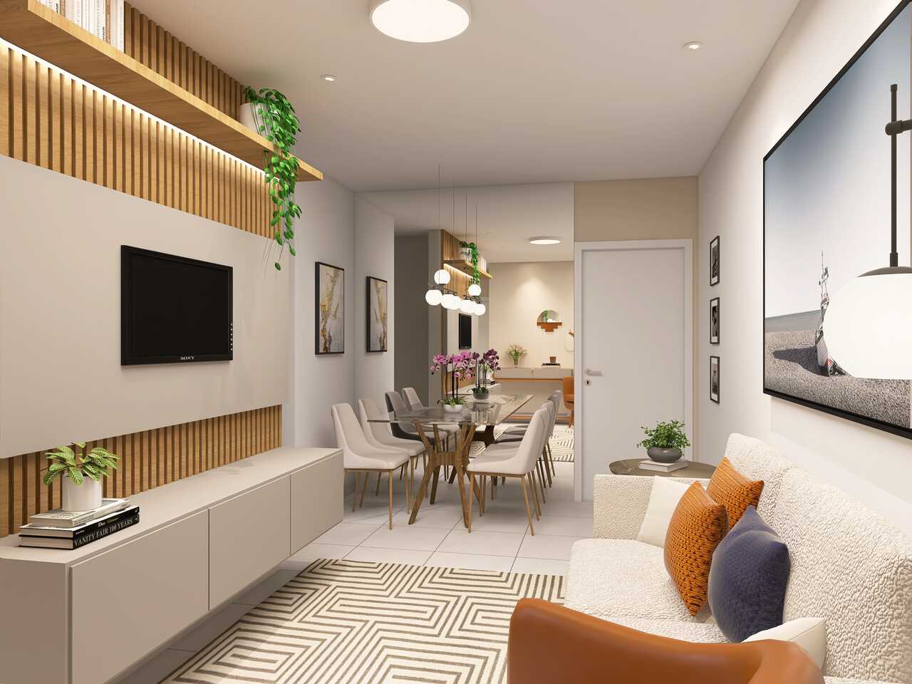 Sala de estar com mesa, cadeira, televisão, sofá e plantas bem organizados