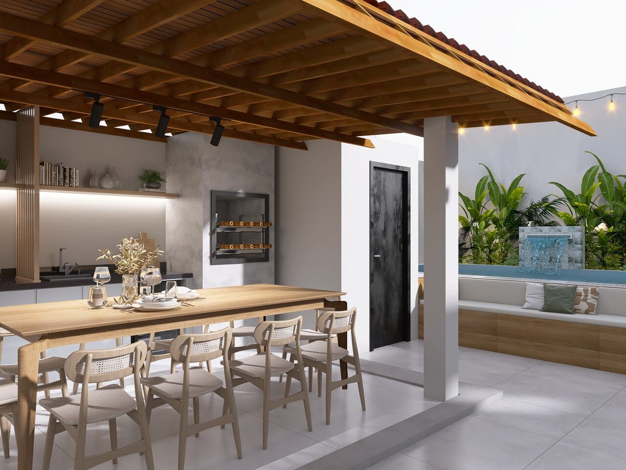 Decoração para área externa com cadeiras, churrasqueira e cozinha em um ambiente confortável