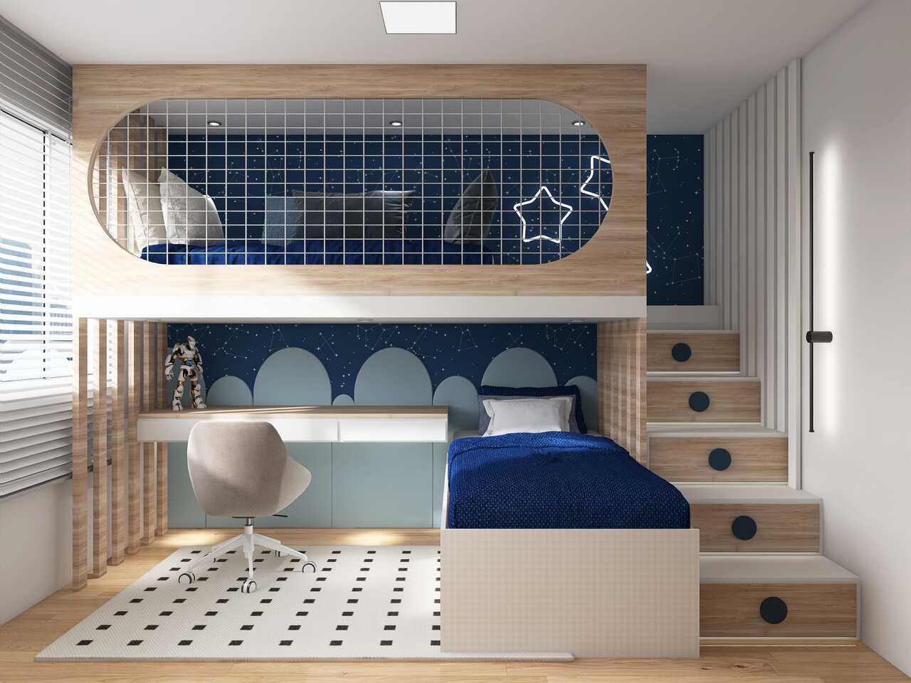 Quarto infantil decorado com paredes brancas, estruturas de madeira e cores azuis para a decoração