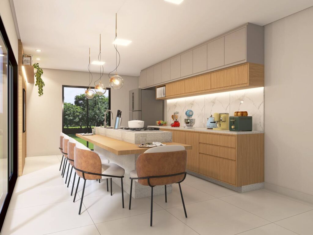 cozinha moderna em madeira com ilha no meio