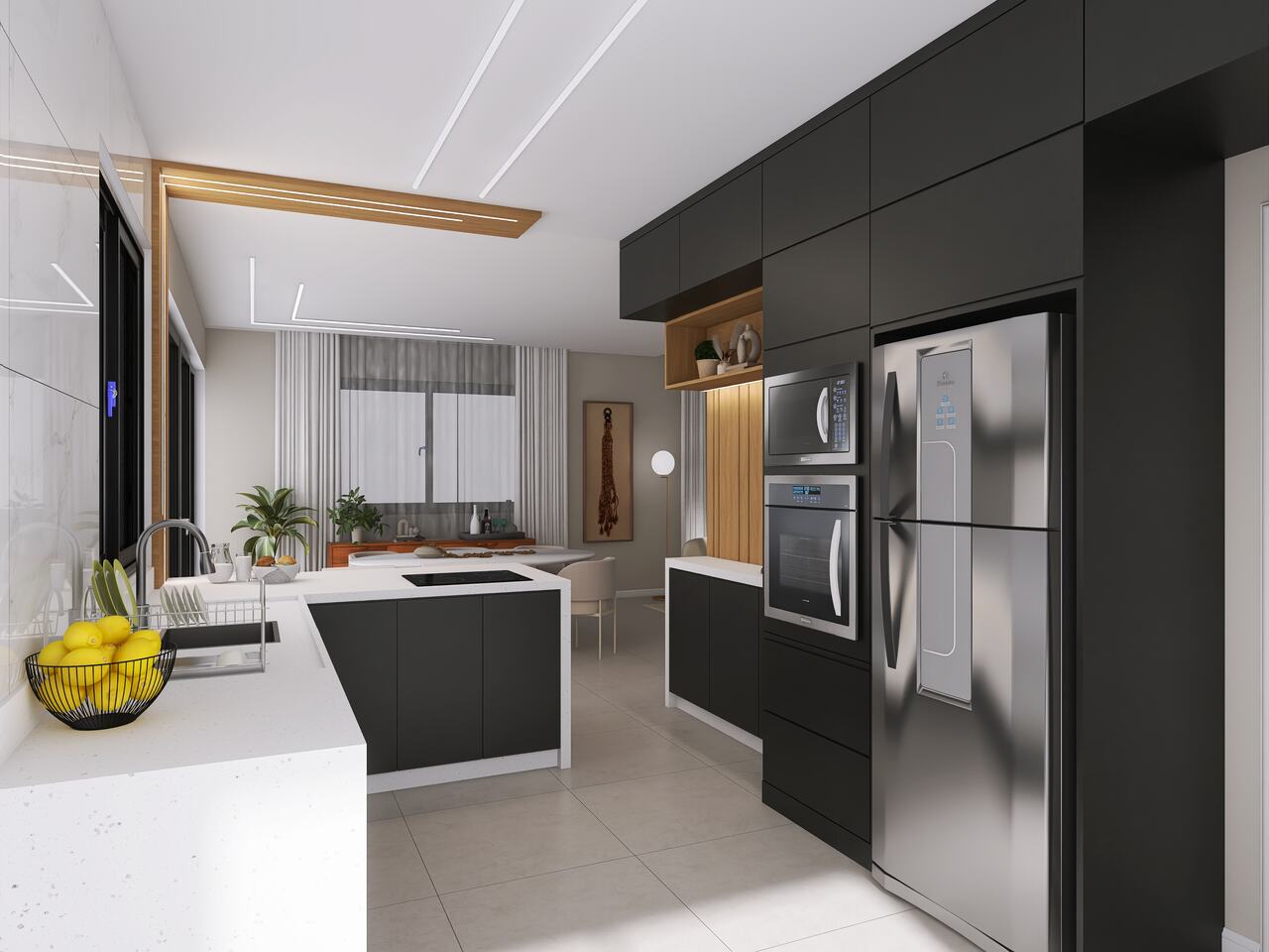 Cozinha com bancadas brancas, armários pretos e geladeira inox